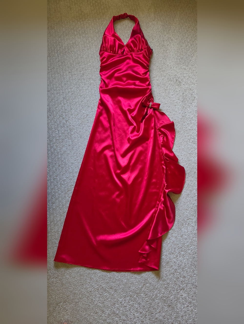 Mariposa Red Satin Maxi Dress with Side Ruffle